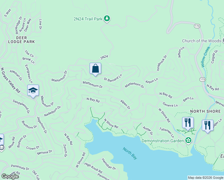 map of restaurants, bars, coffee shops, grocery stores, and more near 27763 Matterhorn Drive in Lake Arrowhead