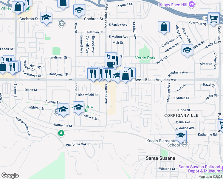 map of restaurants, bars, coffee shops, grocery stores, and more near 1845 Oak Road in Simi Valley
