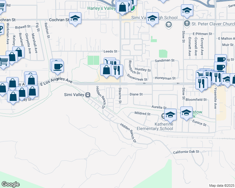 map of restaurants, bars, coffee shops, grocery stores, and more near 5175 Pine Rose Court in Simi Valley