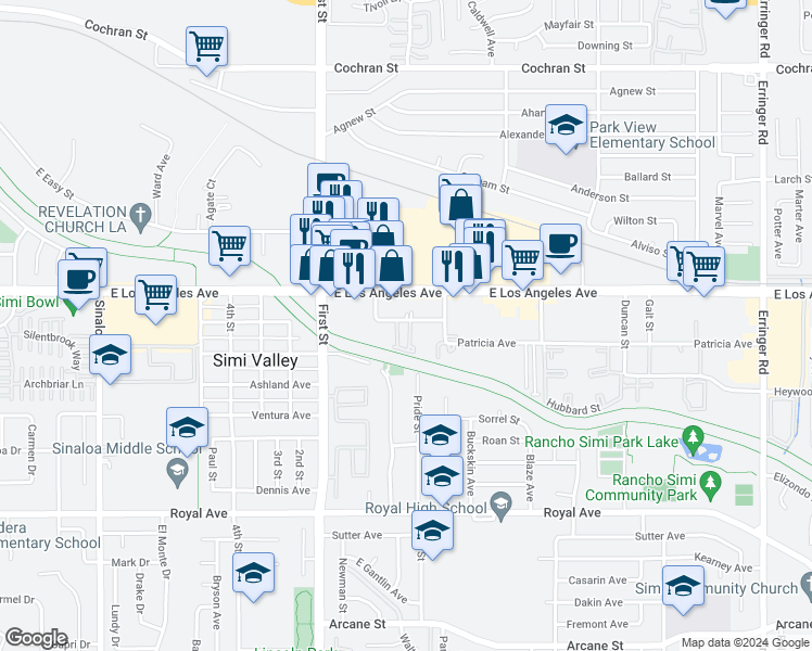 map of restaurants, bars, coffee shops, grocery stores, and more near 1226 Patricia Avenue in Simi Valley