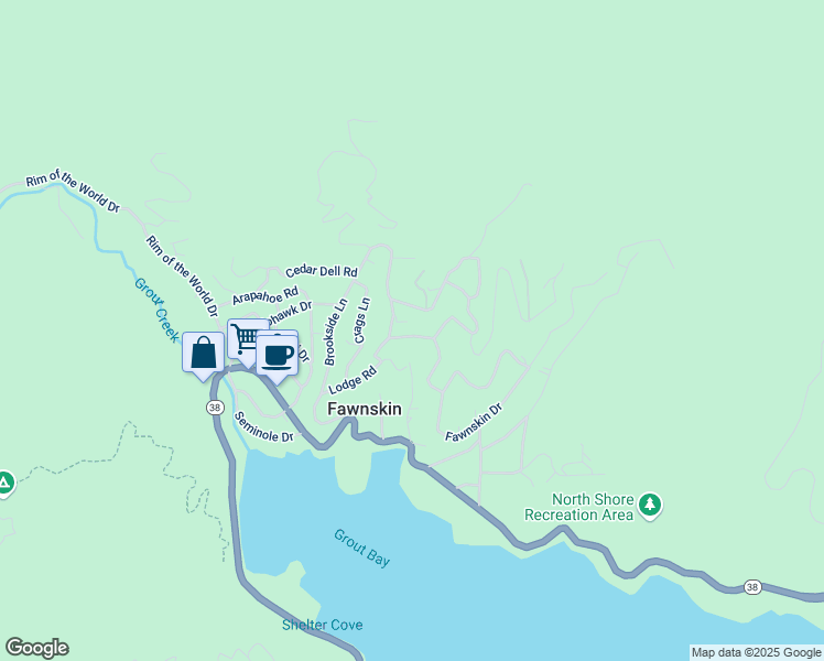 map of restaurants, bars, coffee shops, grocery stores, and more near 39474 Cline Miller Place in Fawnskin