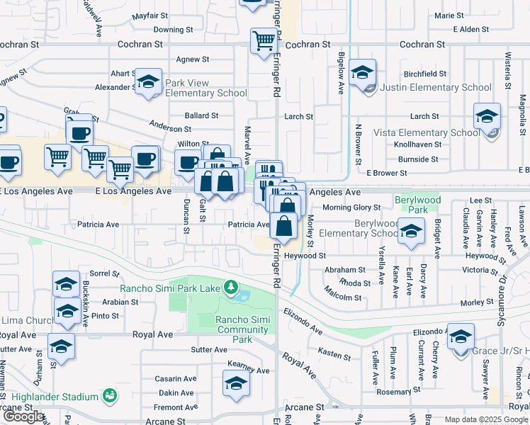 map of restaurants, bars, coffee shops, grocery stores, and more near 1851 Patricia Avenue in Simi Valley
