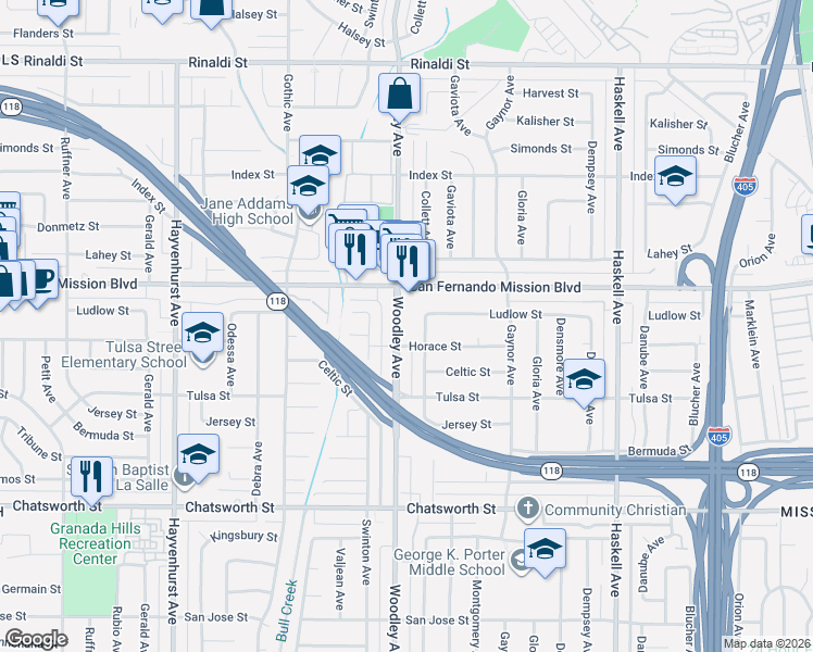 map of restaurants, bars, coffee shops, grocery stores, and more near 11018 Woodley Avenue in Los Angeles