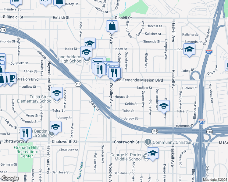 map of restaurants, bars, coffee shops, grocery stores, and more near 11013 Woodley Avenue in Los Angeles