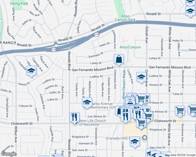 map of restaurants, bars, coffee shops, grocery stores, and more near 11028 Etiwanda Avenue in Los Angeles