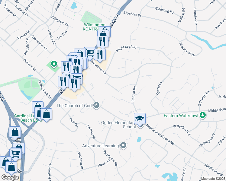 map of restaurants, bars, coffee shops, grocery stores, and more near 208 Bloomington Lane in Wilmington