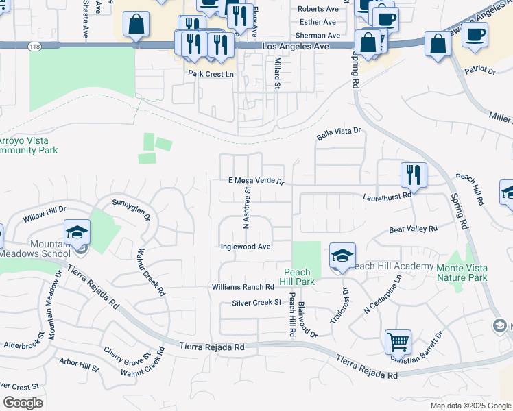 map of restaurants, bars, coffee shops, grocery stores, and more near 13052 Knotty Pine Street in Moorpark