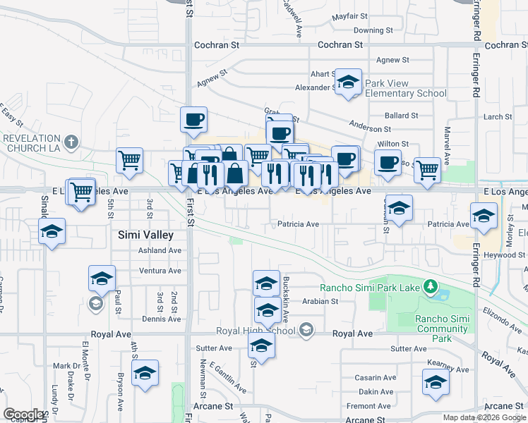 map of restaurants, bars, coffee shops, grocery stores, and more near 1280 Patricia Avenue in Simi Valley