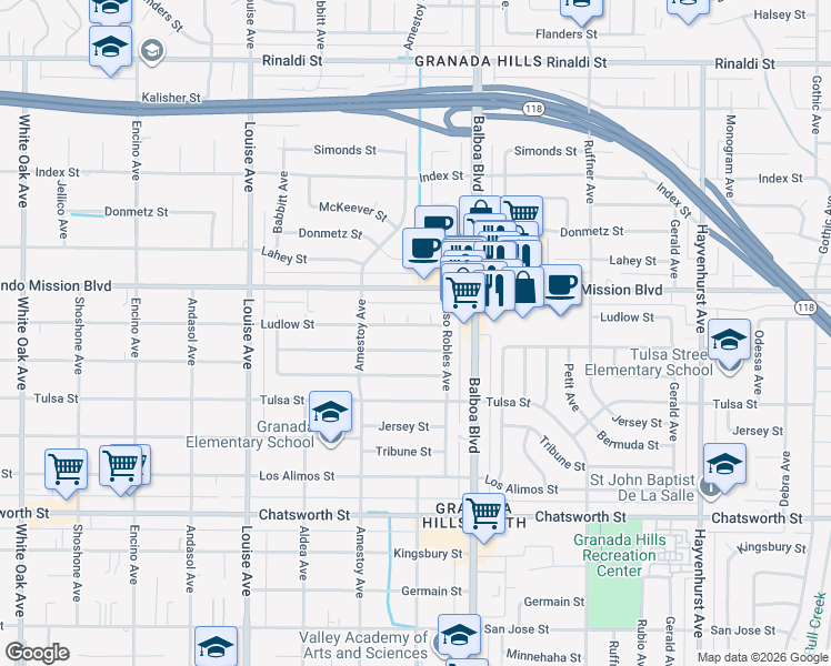 map of restaurants, bars, coffee shops, grocery stores, and more near 17064 Ludlow Street in Granada Hills