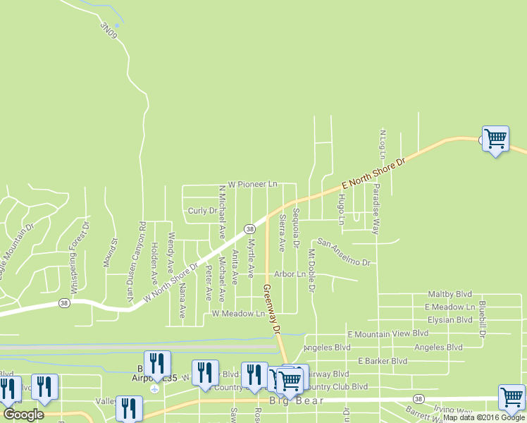 map of restaurants, bars, coffee shops, grocery stores, and more near 151 West North Shore Drive in Big Bear
