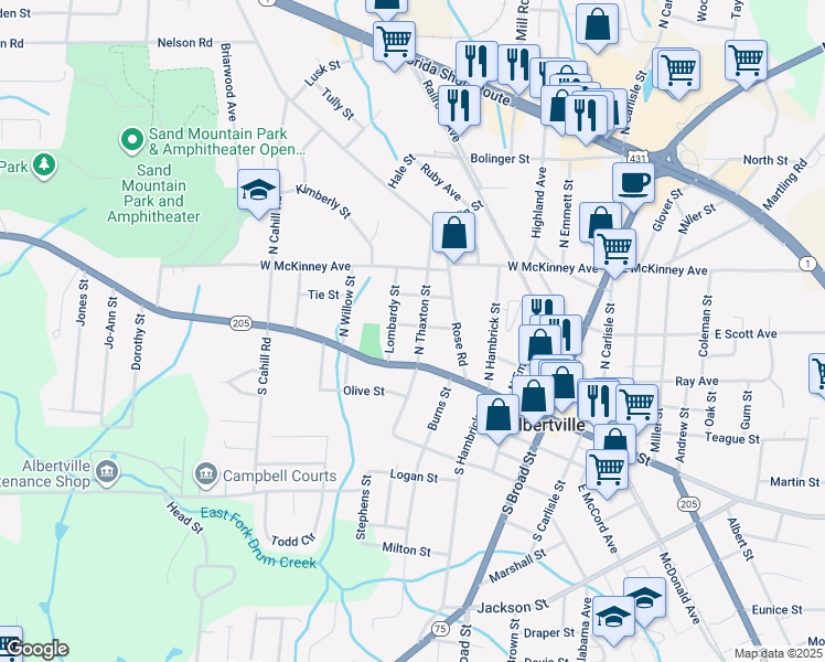 map of restaurants, bars, coffee shops, grocery stores, and more near 106 North Thaxton Street in Albertville