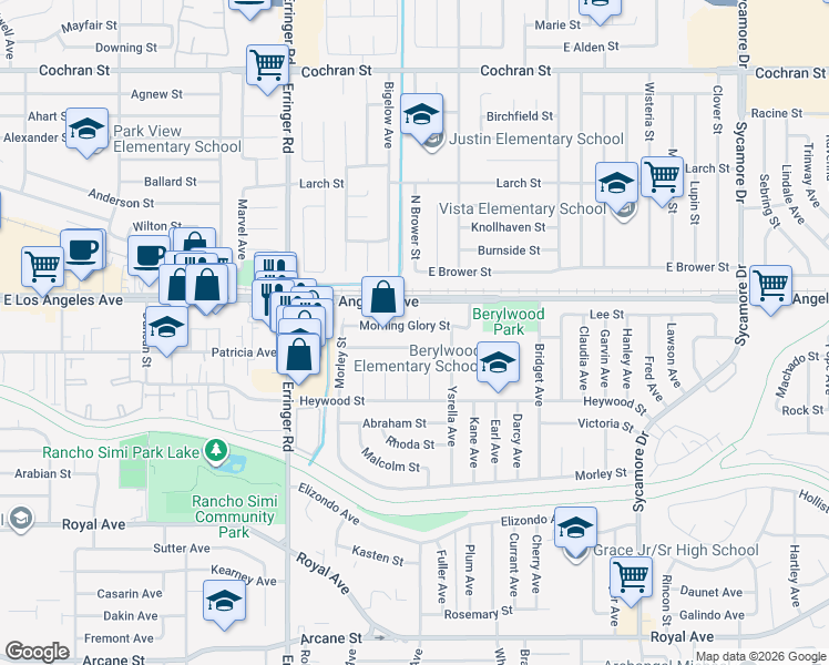 map of restaurants, bars, coffee shops, grocery stores, and more near 2104 Morning Glory Street in Simi Valley