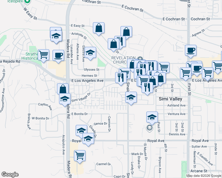 map of restaurants, bars, coffee shops, grocery stores, and more near 1961 Brookberry Lane in Simi Valley