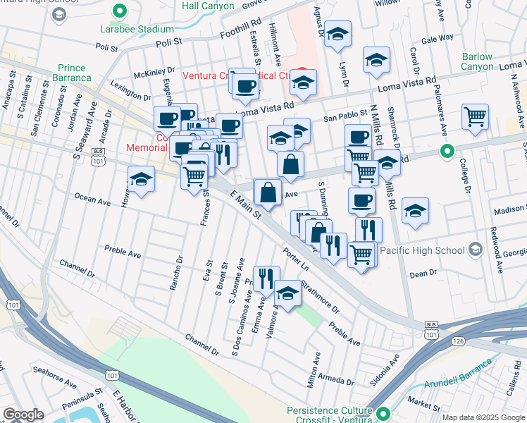 map of restaurants, bars, coffee shops, grocery stores, and more near 3059 U.S. 101 Business in Ventura