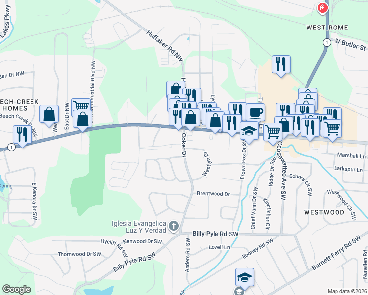 map of restaurants, bars, coffee shops, grocery stores, and more near 8 Coker Drive in Rome