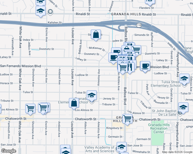 map of restaurants, bars, coffee shops, grocery stores, and more near 17158 Ludlow Street in Los Angeles