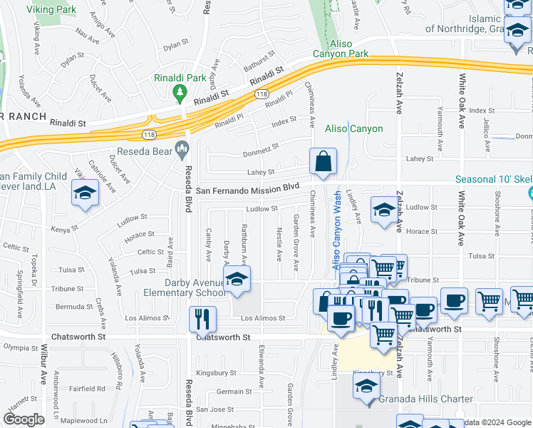 map of restaurants, bars, coffee shops, grocery stores, and more near 11028 Etiwanda Avenue in Los Angeles