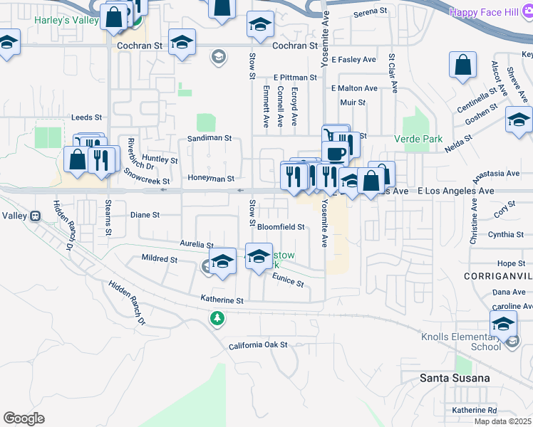 map of restaurants, bars, coffee shops, grocery stores, and more near 1876 Stow Street in Simi Valley
