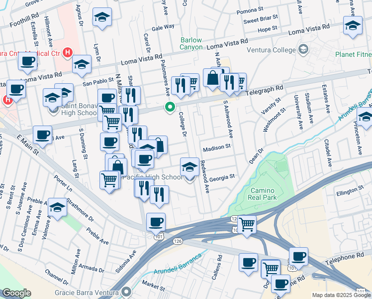 map of restaurants, bars, coffee shops, grocery stores, and more near 259 College Drive in Ventura