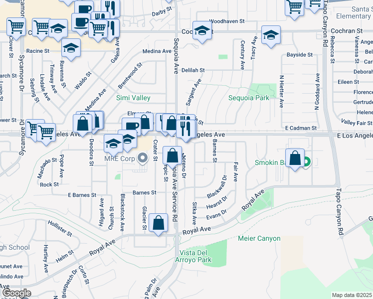 map of restaurants, bars, coffee shops, grocery stores, and more near 1874 Moreno Drive in Simi Valley
