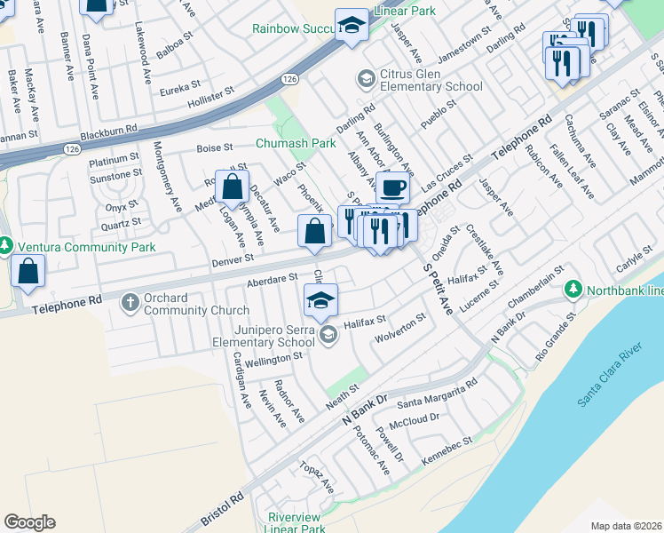 map of restaurants, bars, coffee shops, grocery stores, and more near 8967 Aberdare Street in Ventura
