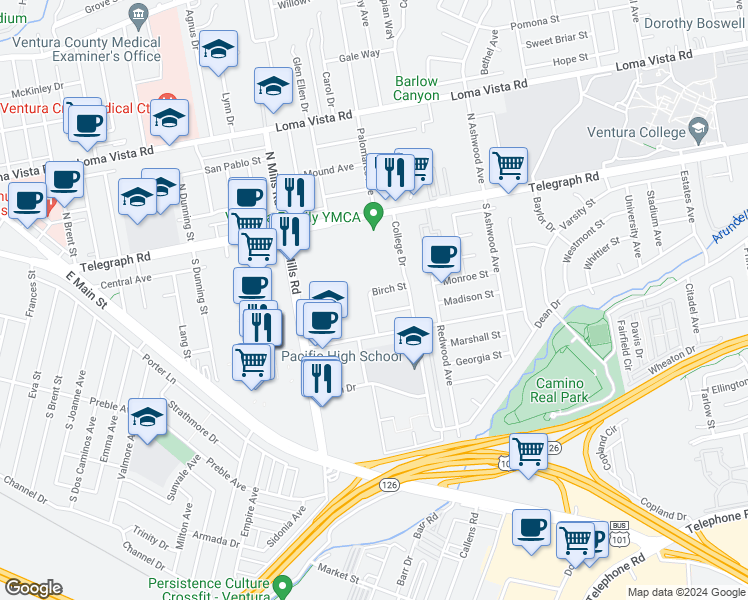 map of restaurants, bars, coffee shops, grocery stores, and more near 234 Wesley Avenue in Ventura