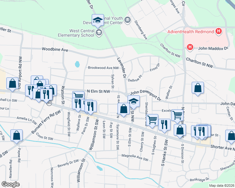 map of restaurants, bars, coffee shops, grocery stores, and more near 207 North Elm Street Northwest in Rome