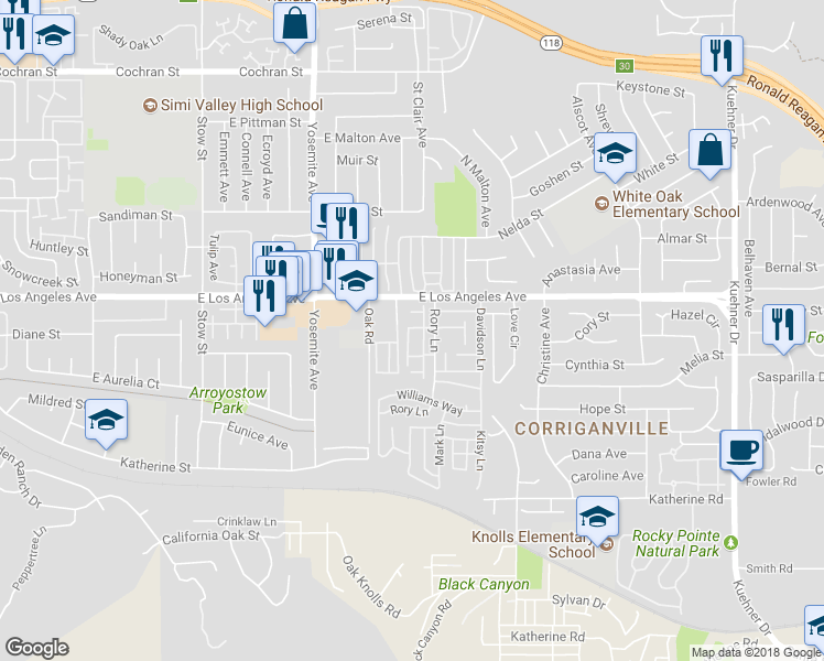 map of restaurants, bars, coffee shops, grocery stores, and more near 1890 Locust Street in Simi Valley