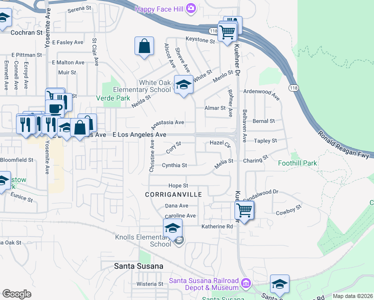 map of restaurants, bars, coffee shops, grocery stores, and more near 6359 Raylene Ct in Simi Valley