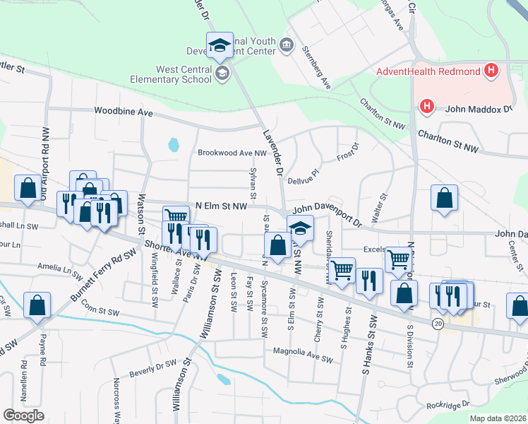 map of restaurants, bars, coffee shops, grocery stores, and more near 213 North Elm Street Northwest in Rome