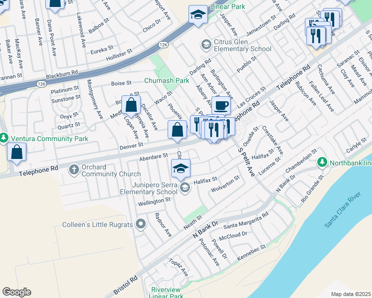 map of restaurants, bars, coffee shops, grocery stores, and more near 8965 Aberdare Street in Ventura