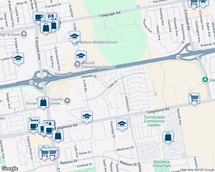 map of restaurants, bars, coffee shops, grocery stores, and more near 6671 Sargent Lane in Ventura