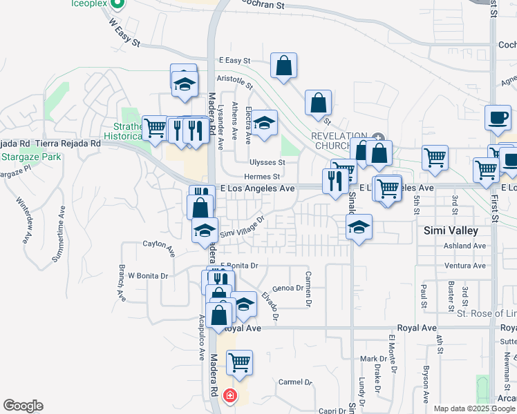 map of restaurants, bars, coffee shops, grocery stores, and more near 145 Farmhouse Drive in Simi Valley