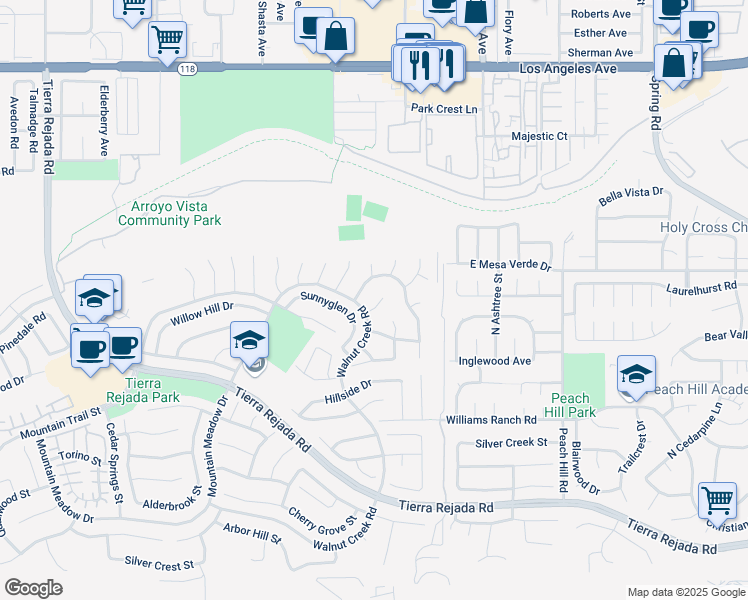 map of restaurants, bars, coffee shops, grocery stores, and more near 12629 Crescentmeadow Court in Moorpark