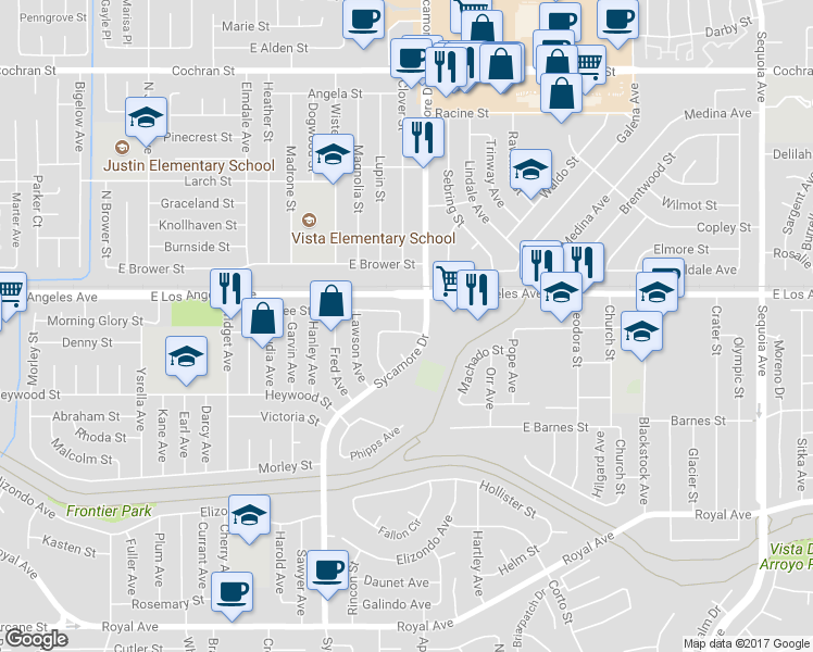 map of restaurants, bars, coffee shops, grocery stores, and more near 2693 Lee Street in Simi Valley