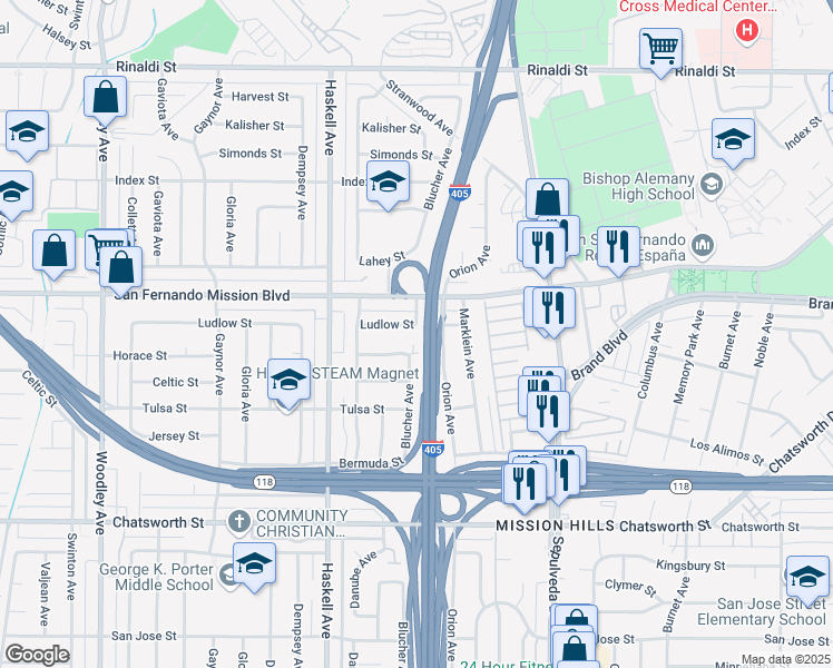 map of restaurants, bars, coffee shops, grocery stores, and more near 15630 Ludlow Street in Los Angeles