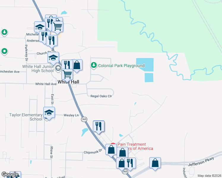 map of restaurants, bars, coffee shops, grocery stores, and more near 354 Regal Oaks Circle in White Hall