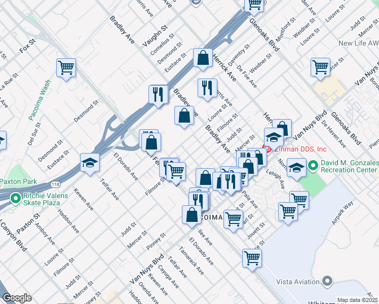 map of restaurants, bars, coffee shops, grocery stores, and more near 13333 Filmore Street in Los Angeles