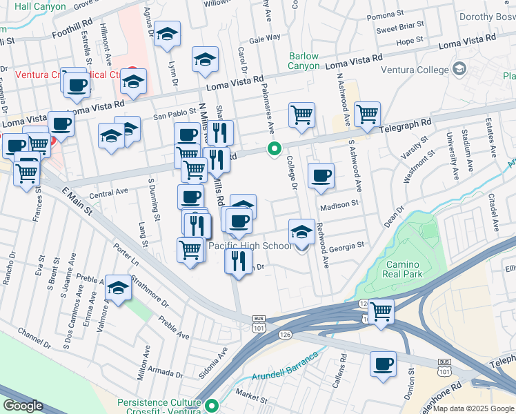 map of restaurants, bars, coffee shops, grocery stores, and more near 260 Maple Court in Ventura