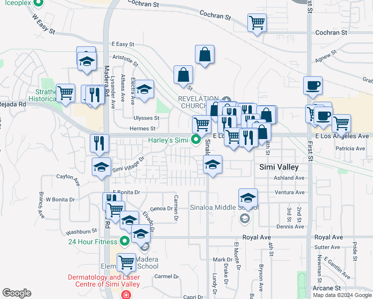 map of restaurants, bars, coffee shops, grocery stores, and more near 1986 Crowne Oak Lane in Simi Valley