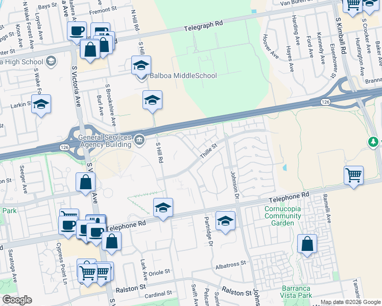 map of restaurants, bars, coffee shops, grocery stores, and more near 222 Webster Street in Ventura