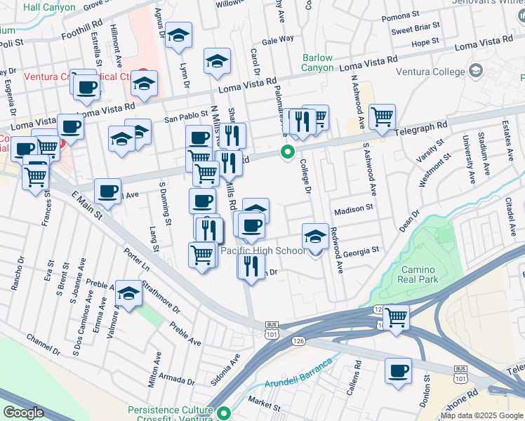 map of restaurants, bars, coffee shops, grocery stores, and more near 260 Maple Court in Ventura