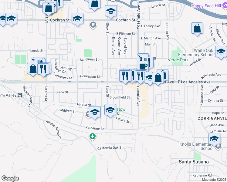 map of restaurants, bars, coffee shops, grocery stores, and more near 1874 Stow Street in Simi Valley