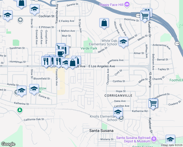 map of restaurants, bars, coffee shops, grocery stores, and more near 1890 Rory Lane in Simi Valley