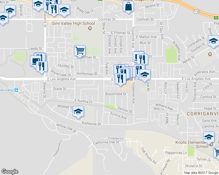 map of restaurants, bars, coffee shops, grocery stores, and more near 1874 Stow Street in Simi Valley