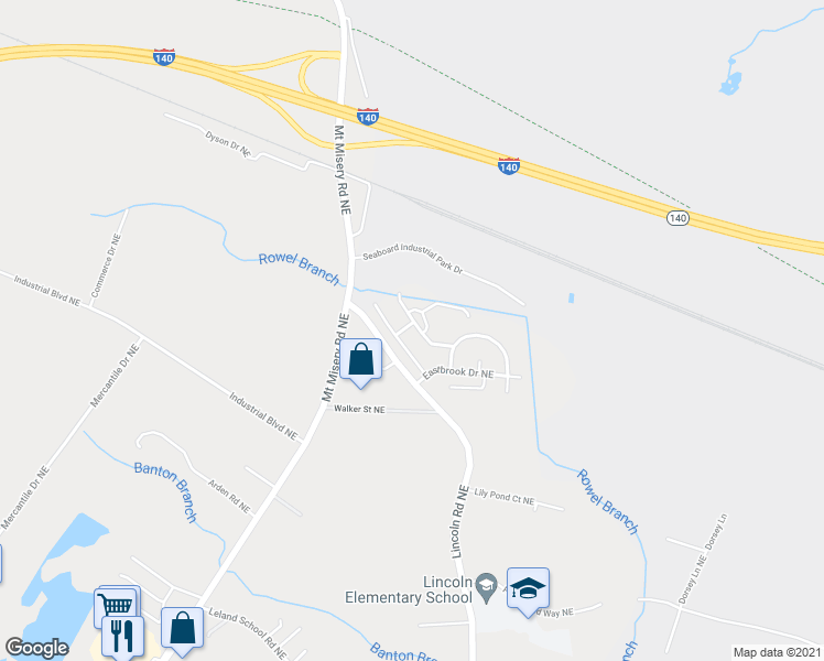 map of restaurants, bars, coffee shops, grocery stores, and more near 9501 Seany Drive Northeast in Leland