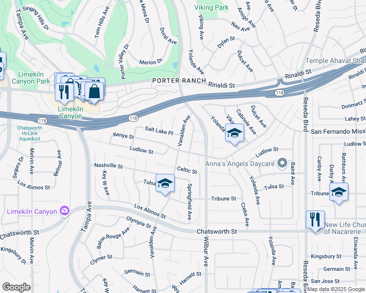 map of restaurants, bars, coffee shops, grocery stores, and more near 11001 Wystone Avenue in Los Angeles