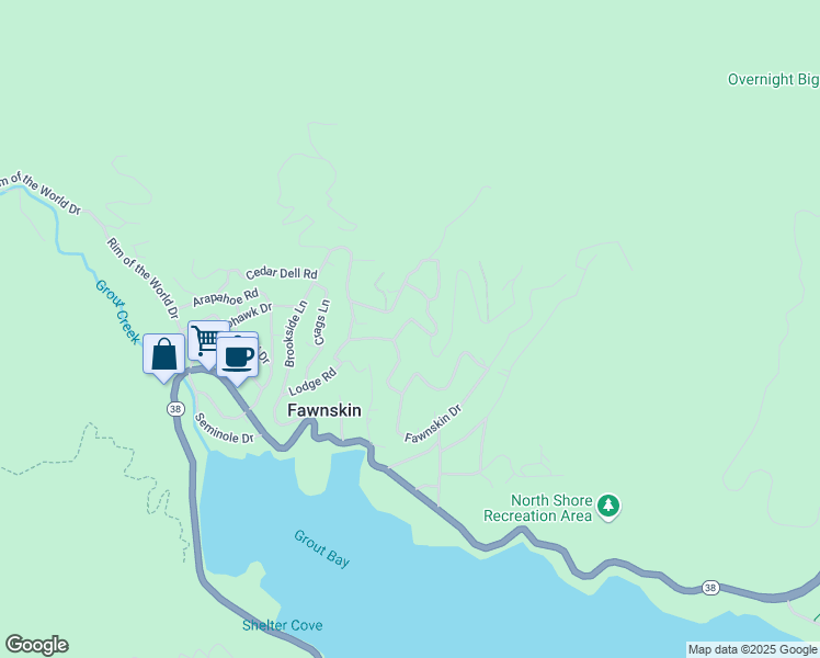 map of restaurants, bars, coffee shops, grocery stores, and more near 39577 Cline Miller Place in Fawnskin
