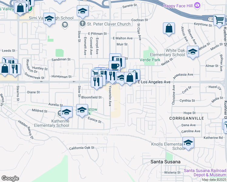 map of restaurants, bars, coffee shops, grocery stores, and more near 1965 Yosemite Avenue in Simi Valley