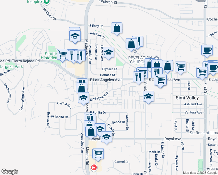 map of restaurants, bars, coffee shops, grocery stores, and more near 1891 Maybrook Way in Simi Valley